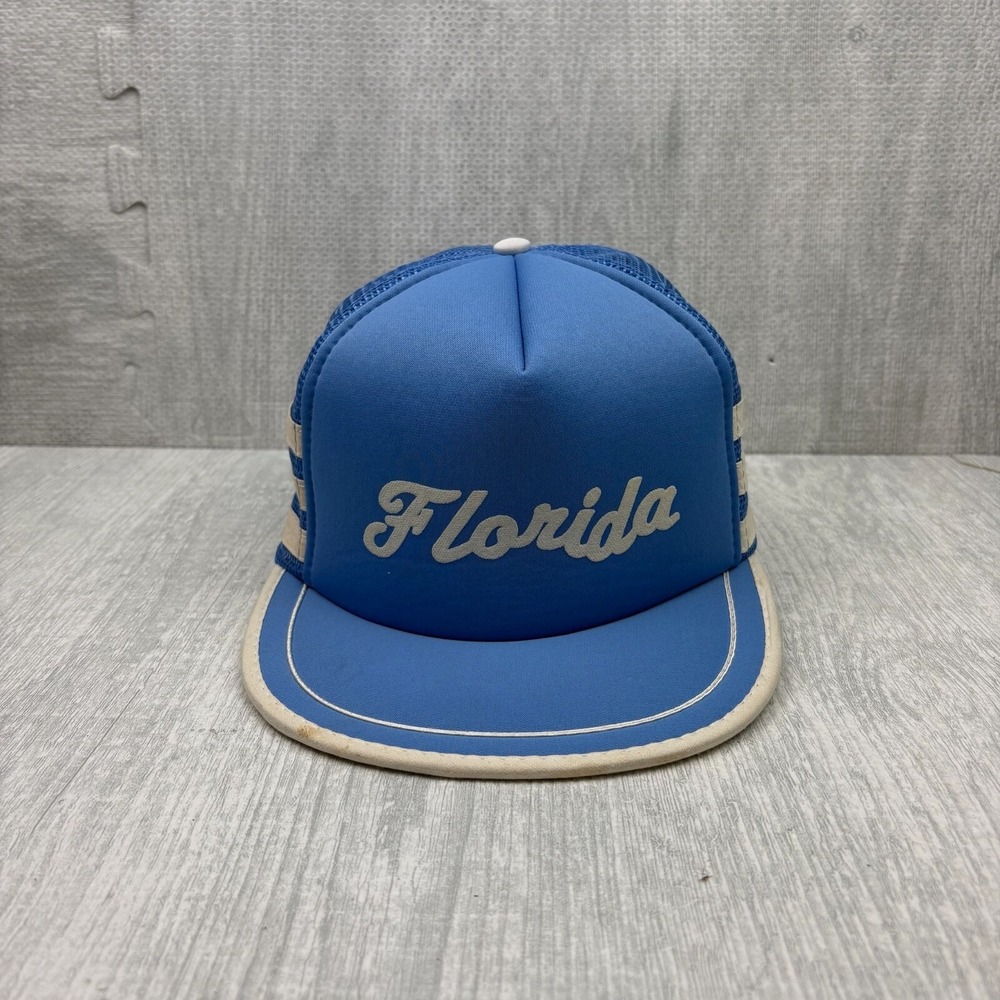 Vintage 3 Stripe Trucker Hat Cap Snapback Blue Florida Vacation Destination Mesh
